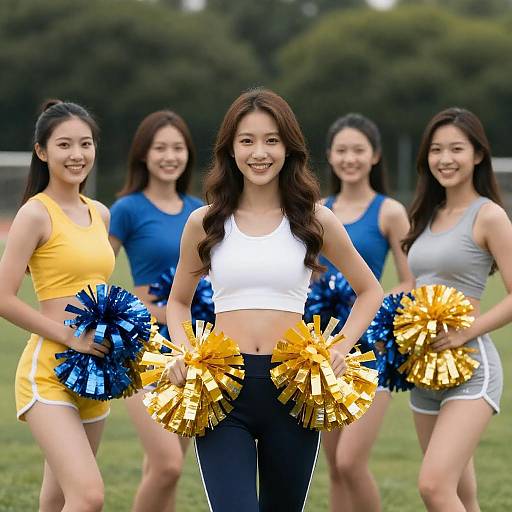 Cheerleaders Smiling on Grassy Field