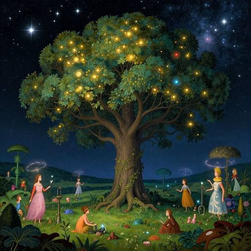 Fantastical night scene: Fairies and children gather under a glowing, starry tree with fireflies, lanterns, and a starry sky