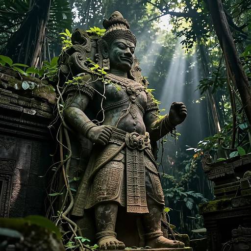 Photograph of an ancient, weathered stone statue of a muscular, armored Hindu deity in a lush, sunlit jungle temple, vines climbing around its