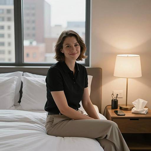 Cozy Woman in Black Polo on Bed