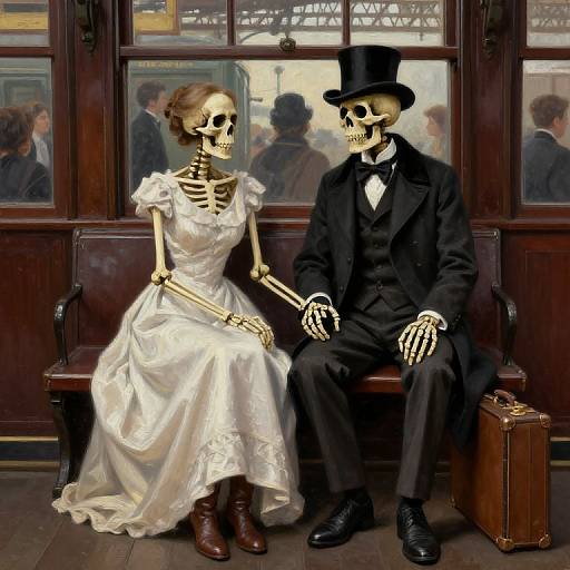 Victorian Skeleton Couple at Train Station