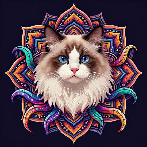 Digital artwork: Fluffy white and brown cat with blue eyes centered on vibrant, colorful mandala background with orange, blue, and purple patterns.