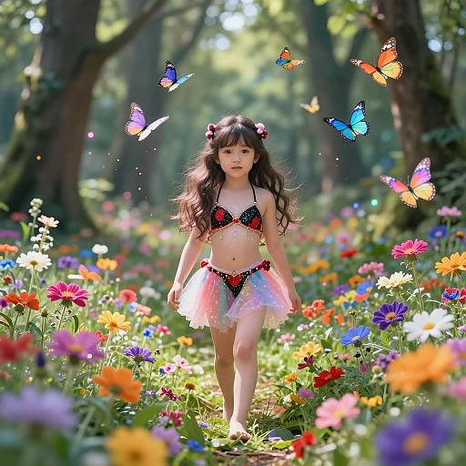 Photograph of a young Asian girl with long brown hair in a floral bikini and tutu, walking through a sunlit forest path filled with colorful flowers
