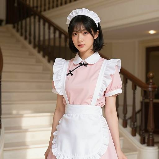 Photograph of an Asian woman with short black hair, wearing a pink maid uniform with white frills and a headpiece, standing in a sunlit