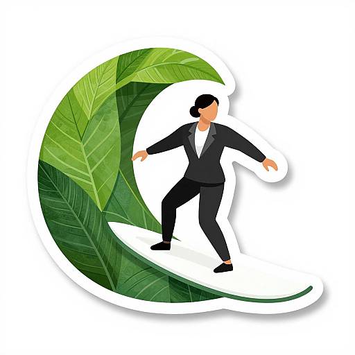 Digital illustration of a black-haired man in a black suit dancing within a large, curved, green leaf shape on a white background.