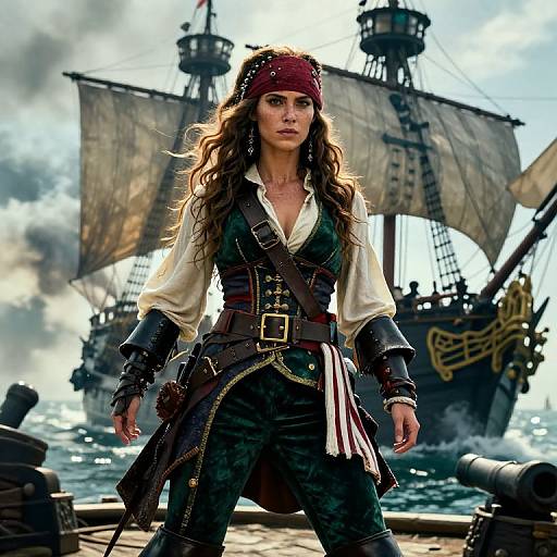 Photorealistic digital art: fierce female pirate with long brown hair, red headband, green vest, white shirt, black pants, standing on ship
