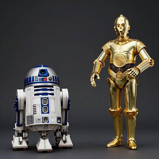 Photograph of R2-D2 (blue and white) and a golden C-3PO (standing) against a dark blue background, showcasing contrasting