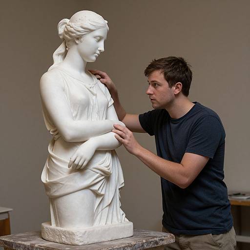Photograph of a young man in a black t-shirt carefully inspecting and touching a detailed white marble statue of a classical-style woman.