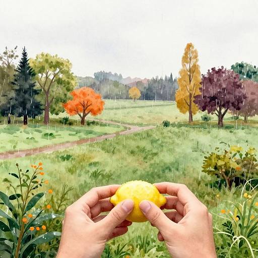 Digital illustration of hands holding a yellow lemon in a lush, rainy autumn park with colorful trees and a winding path.