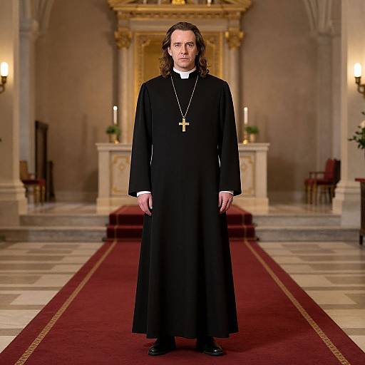 Photograph of a solemn, long-haired man in black clerical robes and gold cross necklace, standing in an ornate, dimly-lit church