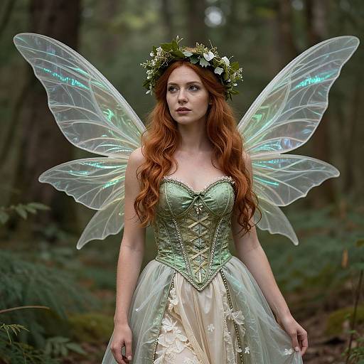 Photograph of a fair-skinned, red-haired fairy with glowing, translucent wings, wearing a green corset, floral crown, and shimmering gown
