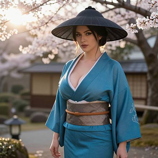 Photograph of a Japanese woman in a blue kimono with deep V-neck, brown obi, and black rice straw hat, standing in a cherry