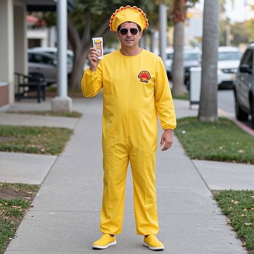 Photograph of a man in a bright yellow Ghostface costume, holding a beer, standing on a suburban sidewalk.