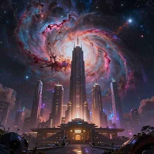 Futuristic Cityscape with Cosmic Nebula
