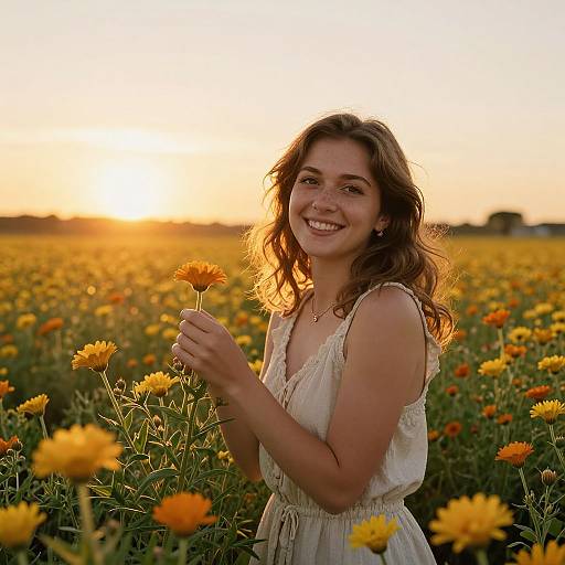 Photograph of a smiling, young woman with wavy brown hair, holding a yellow daisy in a sunlit field of orange and yellow flowers at