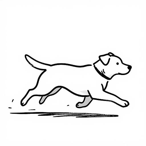 Black and white line drawing of a running dog, mid-stride, with simple, bold outlines and minimal detail.