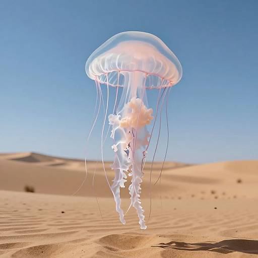 Photorealistic digital image of a translucent white jellyfish with glowing pink interior, floating over a sunlit, sandy desert under a clear blue sky.
