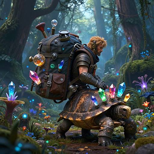 Digital fantasy artwork of a blond, armored warrior with a backpack of glowing crystals, crouching in a mystical forest, surrounded by vibrant, colorful bi