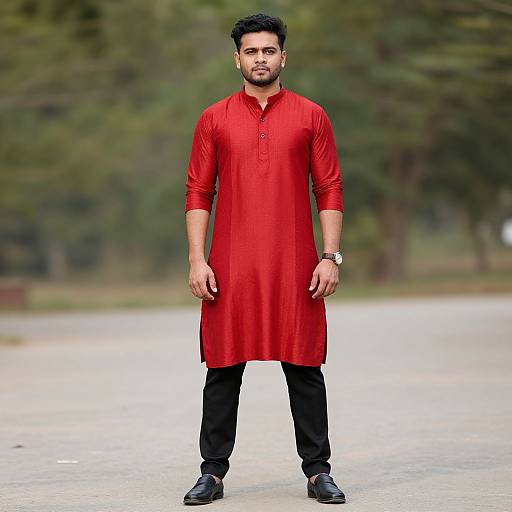 Photograph of a handsome, bearded South Asian man in a bright red traditional kurta and black pants, standing confidently on a paved path with a