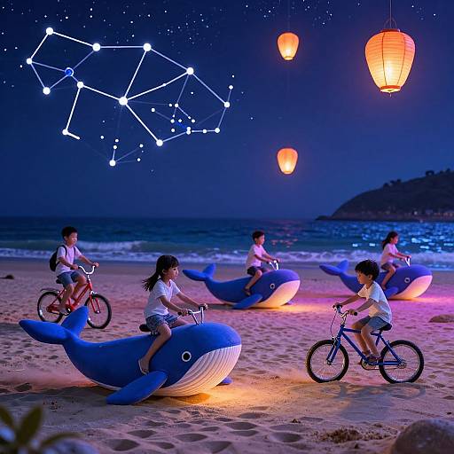 Photograph of four children riding bicycles on blue inflatable whale seats on a beach at night, under glowing paper lanterns and a starry sky with constellation