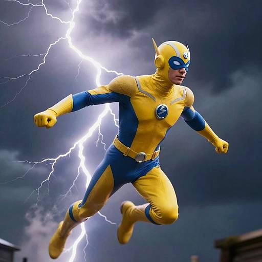 Heroic Superhero Soaring Stormy Skies