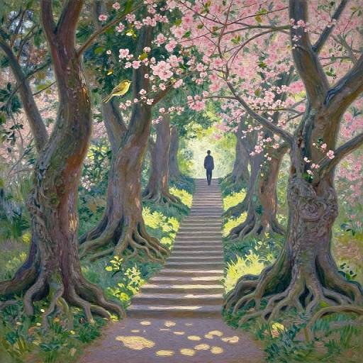 Digital art of a serene forest path with pink blossoming trees, winding stairs, and a silhouetted figure in the distance. Bright sunlight filters