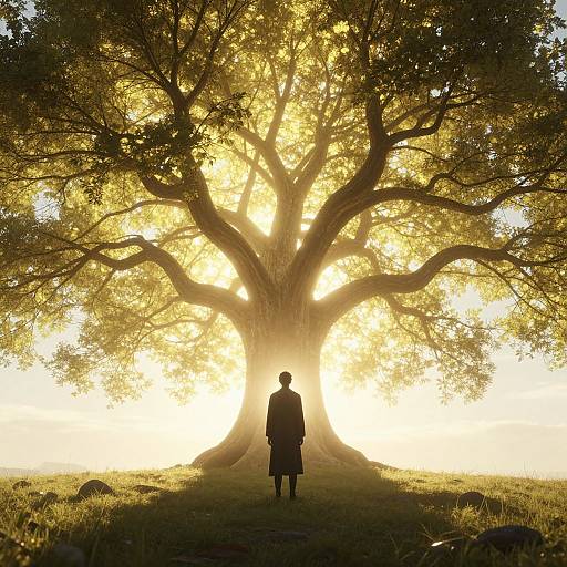 Photograph of a silhouetted person standing before a massive tree, sun backlighting its expansive branches, creating a glowing halo effect.