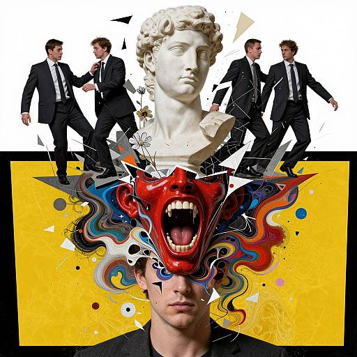 Photomontage: White marble bust of classical figure, four suited men, and a man with a red, open-mouthed mask on yellow background