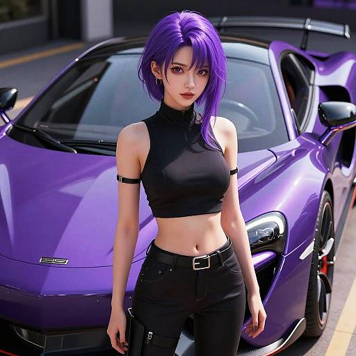 Digital art of a purple-haired woman in a black crop top and pants, standing in front of a purple sports car. Urban street background. Modern,