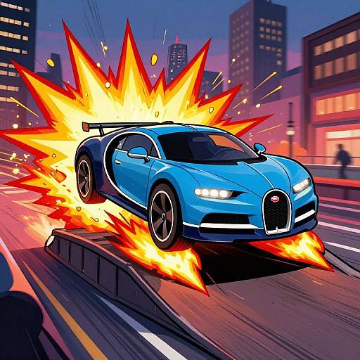 Digital artwork of a blue sports car exploding in flames on a city street at night, with bright orange-yellow fire bursts. Urban buildings in the background.