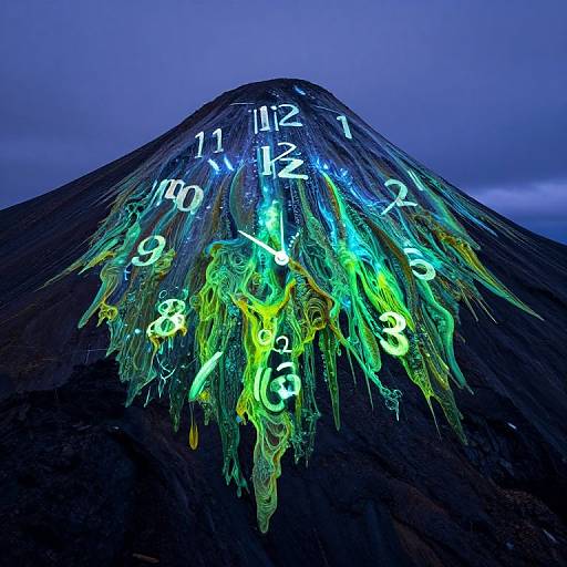 Photograph of a volcanic mountain at night, illuminated with glowing neon numbers and abstract patterns in blue, green, and yellow.
