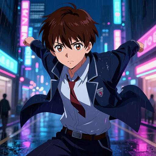 Anime-style digital drawing of a determined brown-haired boy in a wet, dark school uniform, arms raised, in a neon-lit rainy city street.