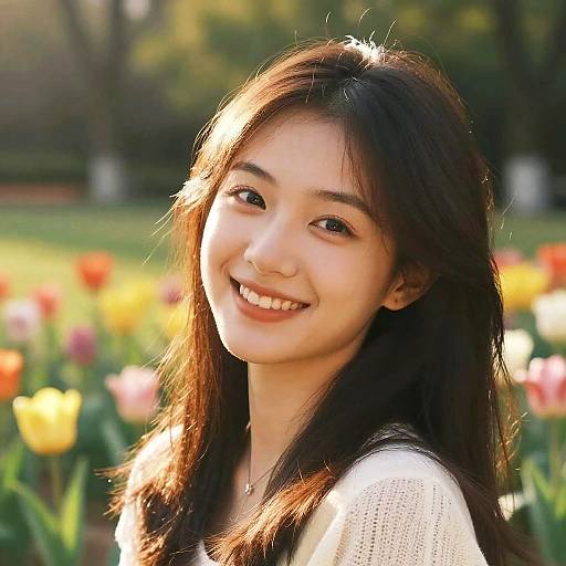 Photograph of a smiling Asian woman with long brown hair, wearing a white top, standing in a sunlit garden with colorful tulips in the background