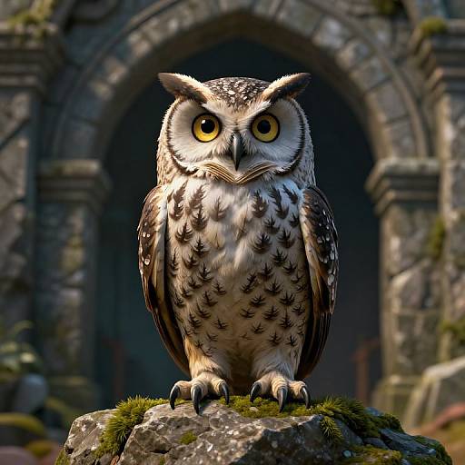 Photorealistic CGI of a detailed, vibrant owl with striking yellow eyes, standing on a mossy rock in front of a dark, ancient stone arch