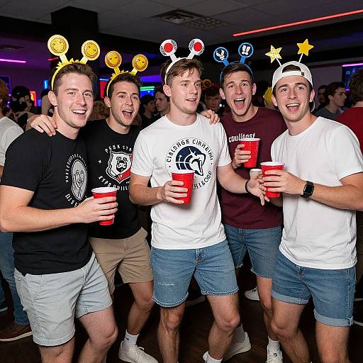 Photograph of five young men in a crowded bar, wearing white and black t-shirts, denim shorts, and festive headbands, holding red cups,