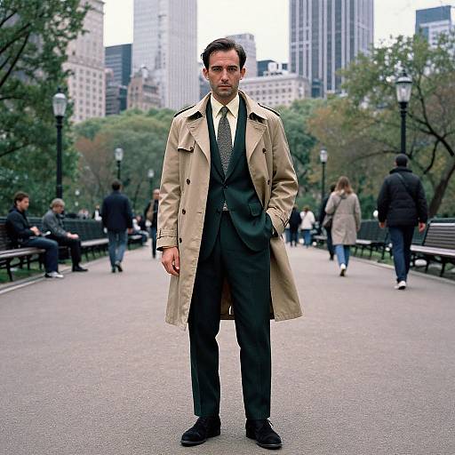 Photograph of a serious man in a beige trench coat, black suit, and tie, standing in a park with city skyscrapers in the background