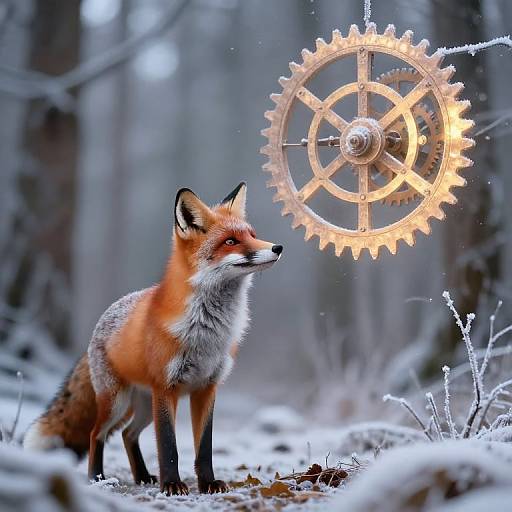 Photograph of a red fox standing in a snowy forest, gazing at a glowing, mechanical gear suspended in the air.
