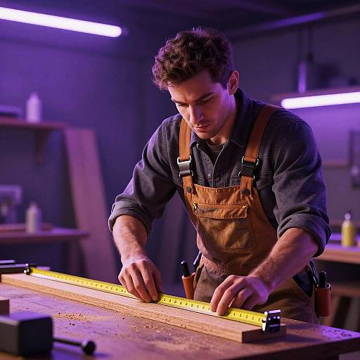 Carpenter Measuring Wood in Workshop