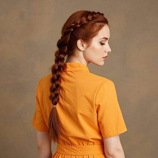 Photograph of a fair-skinned woman with long, braided auburn hair, wearing an orange short-sleeved shirt, viewed from the