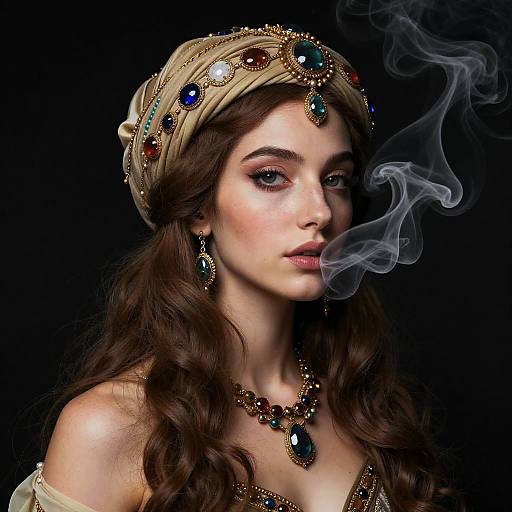 Photograph-style digital art of a fair-skinned woman with wavy brown hair, wearing a jewel-encrusted headpiece and necklace, smoking