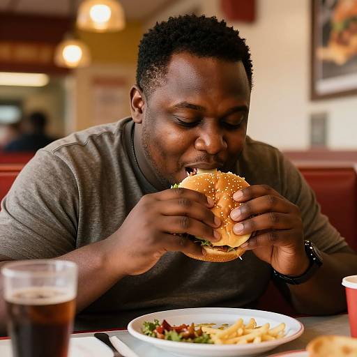 Photograph of a black man with short curly hair eating a sesame-seed burger at a restaurant, with a plate of salad and drink in front of