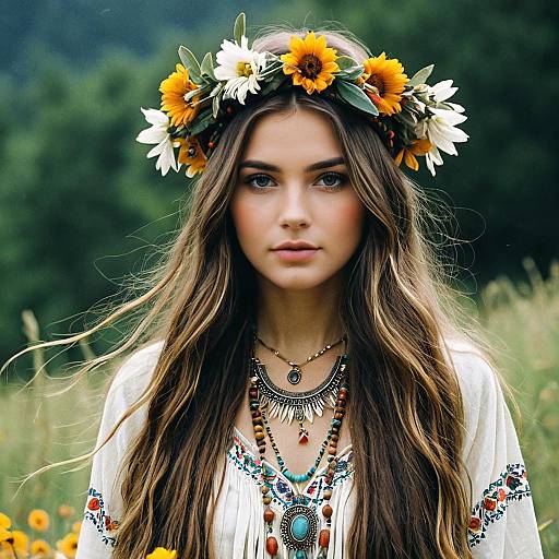 Boho Woman with Floral Head Wreath