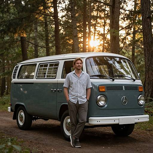 Confident Man by Classic Van at Sunset