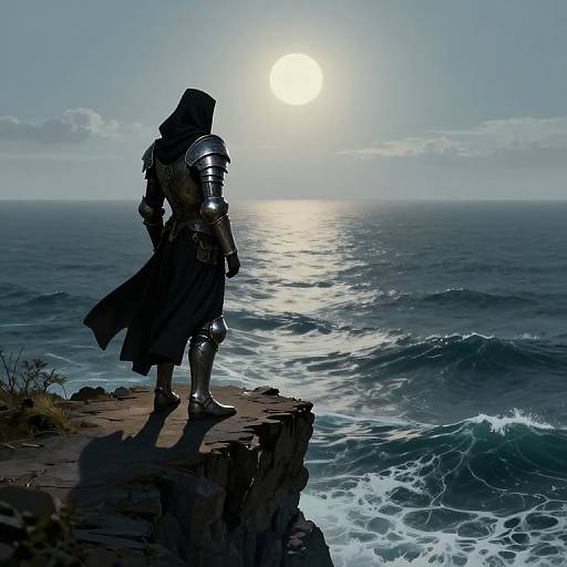 Silhouetted knight in armor stands on rocky cliff, gazing at sunlit ocean waves, wearing hood, back to viewer, in digital art
