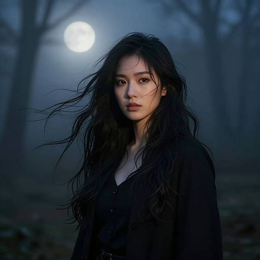 Photograph of a young Asian woman with long, wind-swept black hair, wearing a black top, standing in a misty, moonlit