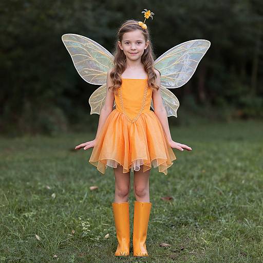 Photograph of a young girl in an orange fairy dress, matching boots, and translucent wings, standing on grass with a forest background.