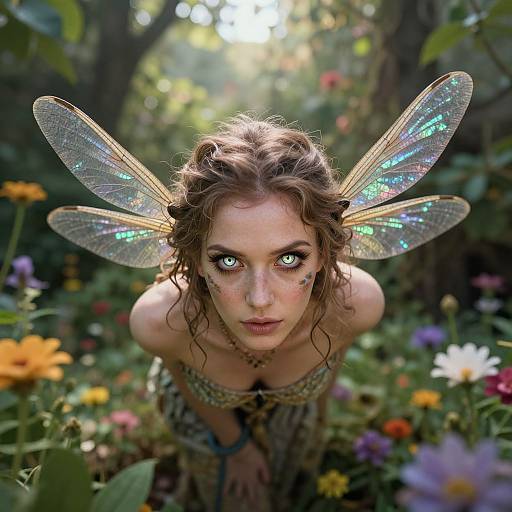 Digital artwork of a fair-skinned, brown-haired fairy with iridescent wings, staring intently, surrounded by colorful flowers in a sunlit forest