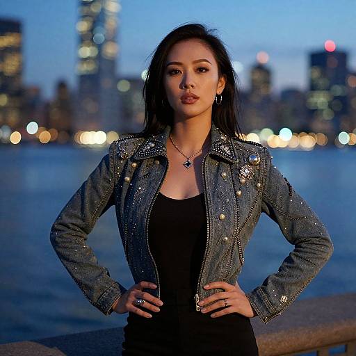 Photograph of a confident Asian woman with straight black hair, wearing a sparkly blue denim jacket and black top, hands on hips, standing by a
