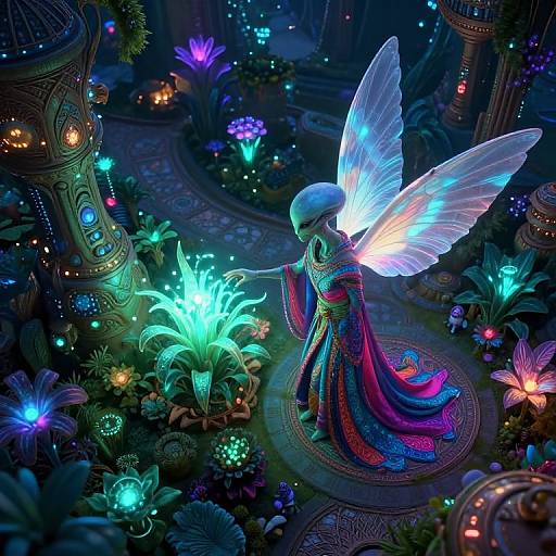 Digital fantasy artwork of a glowing, winged fairy with iridescent wings and a colorful, flowing robe, standing amidst a luminous, alien garden