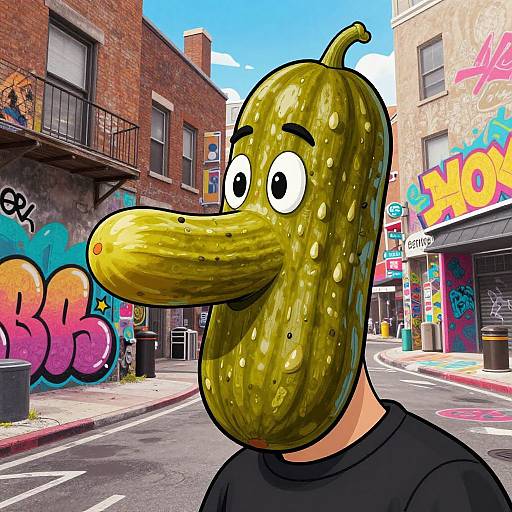 Digital cartoon of a person with a green, textured, pickle-shaped head, standing in a vibrant, graffiti-covered urban street.